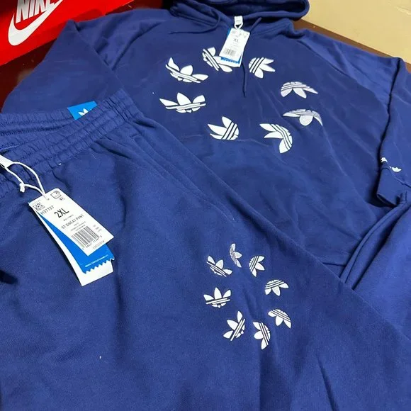 Adidas Mens Blue Shattered Trefoil Long Sleeve Hoodie & Pant Sweat Tracksuit